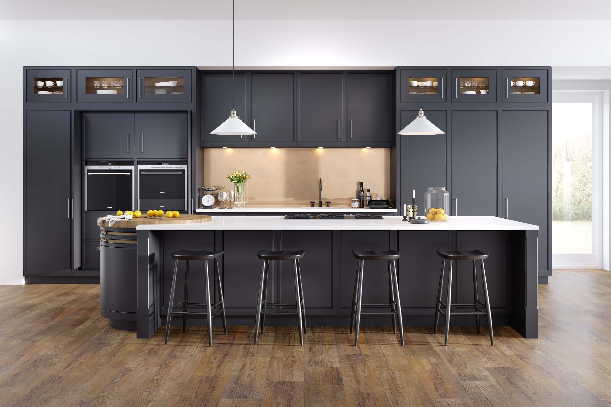 dark navy bespoke kitchen with large island seating, luxury modern kitchen with integrated appliances, contemporary charcoal shaker kitchen with breakfast bar and wooden flooring