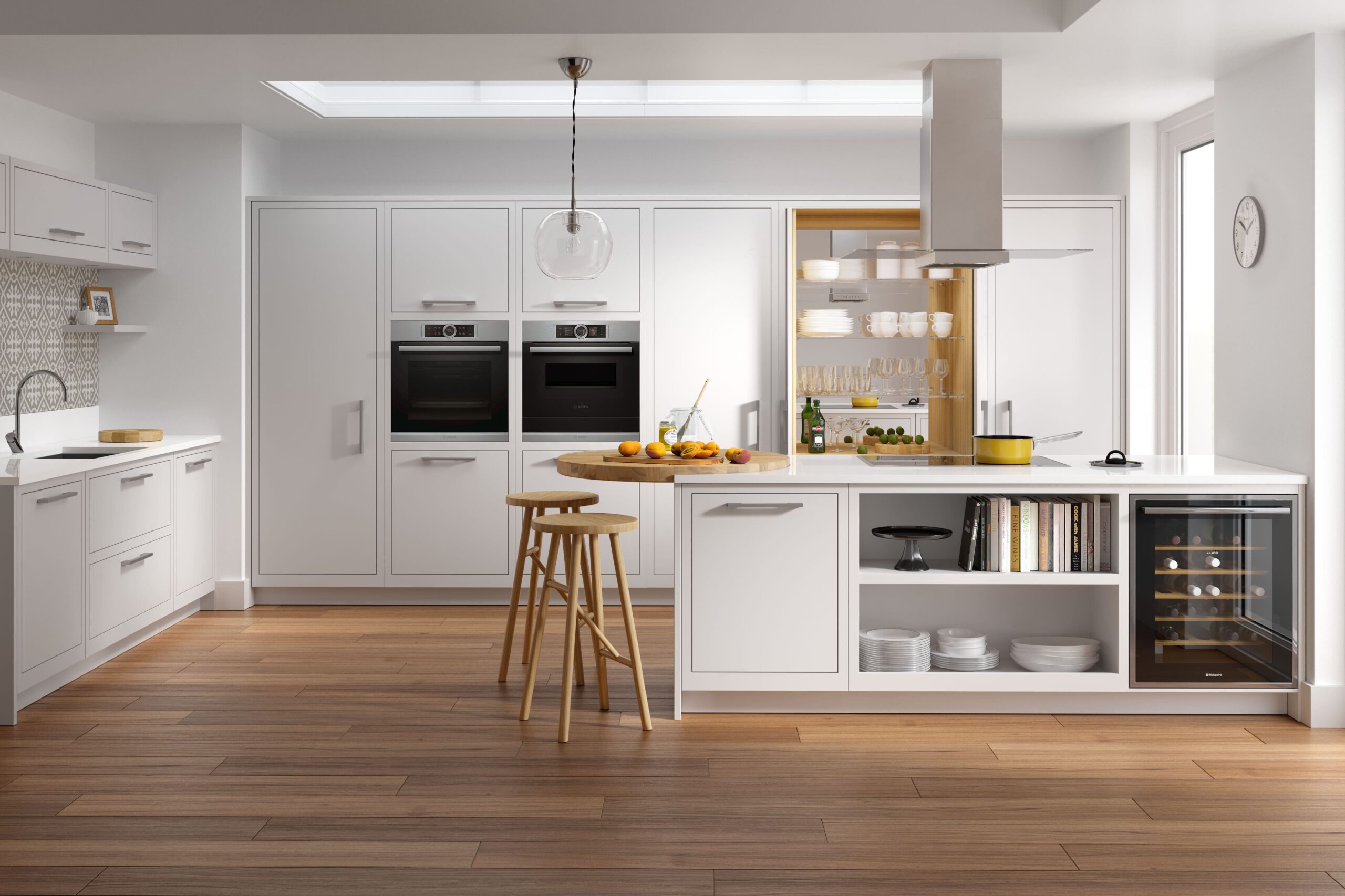 White German kitchen with central island, integrated appliances and open shelving