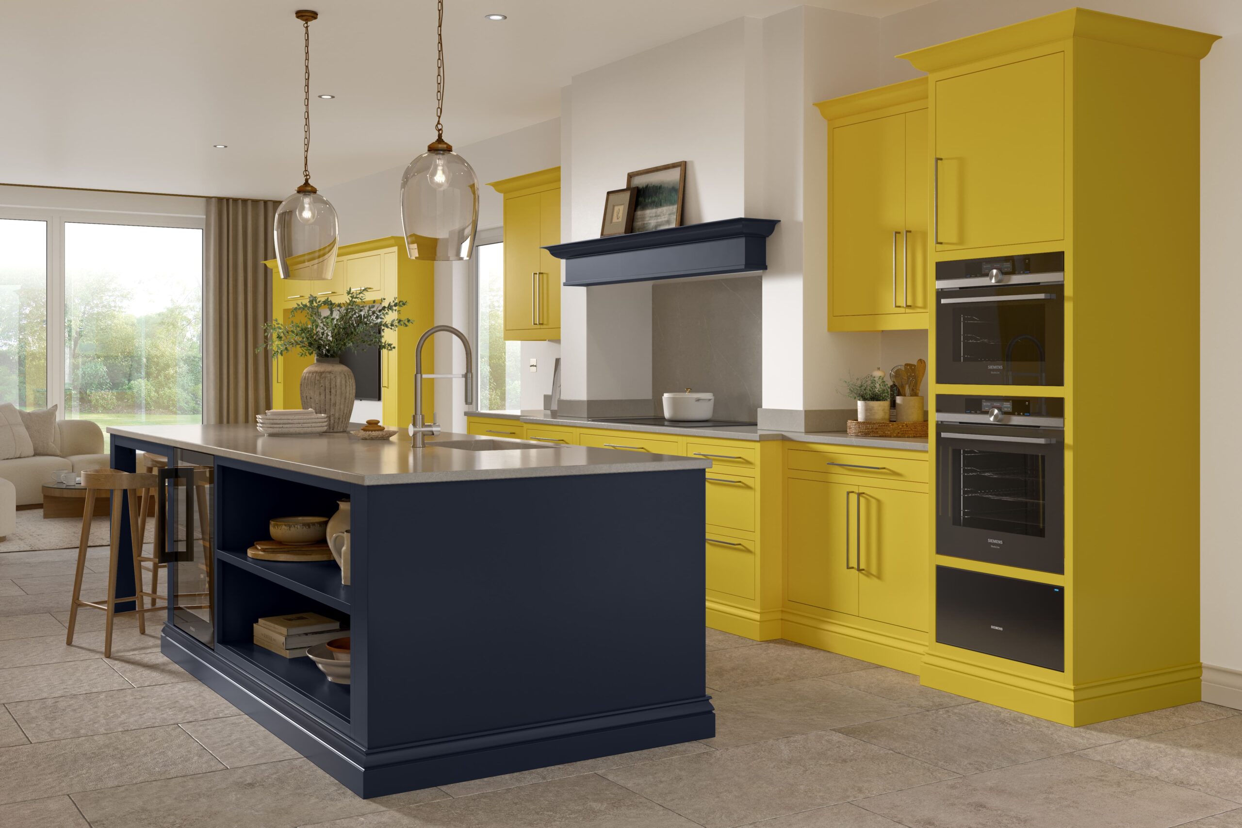 bold yellow and navy kitchen design with island, colourful shaker kitchen with brass handles, contemporary family kitchen with statement cabinetry and quartz worktops