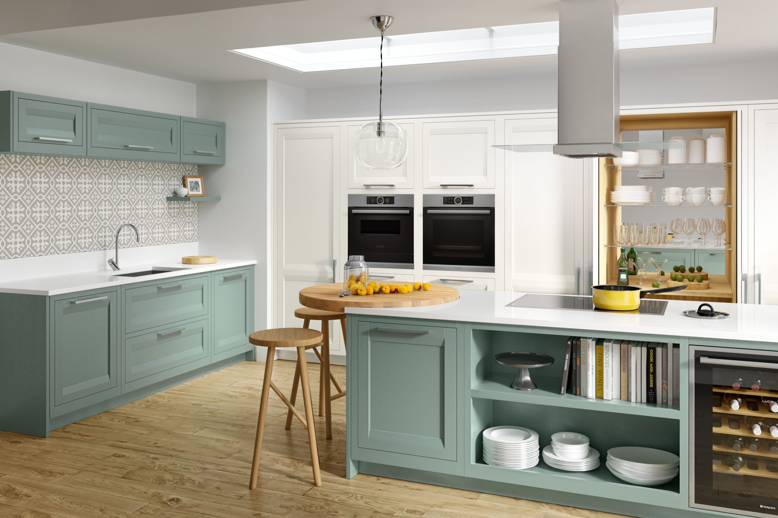 sage green kitchen cabinets with smooth painted finish, two tone kitchen with patterned splashback, classic kitchen island with open shelving and wine cooler