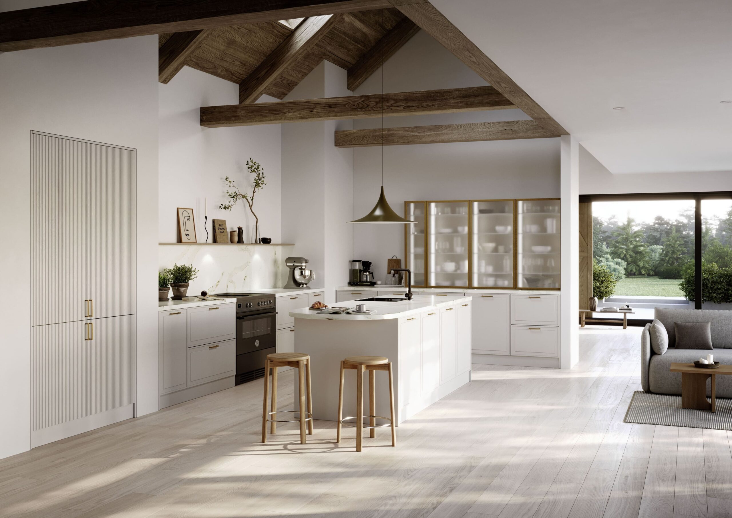 white classic kitchen with island and exposed wooden beams, luxury shaker kitchen with brass details, open plan kitchen with vaulted ceiling and garden views