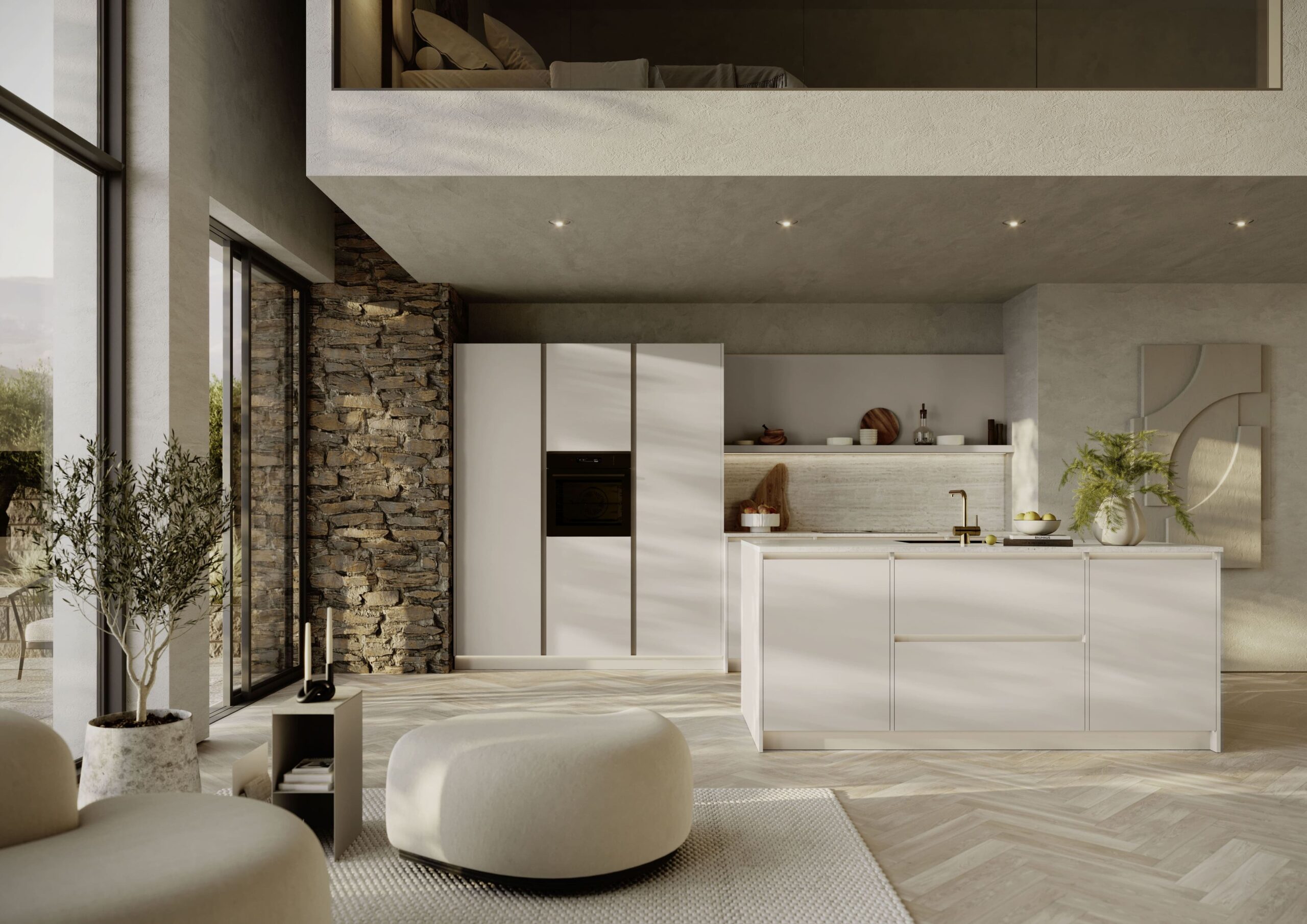 minimal modern kitchen with white island and stone feature wall, contemporary open plan kitchen with handleless cabinetry, neutral kitchen design with herringbone flooring and lounge area