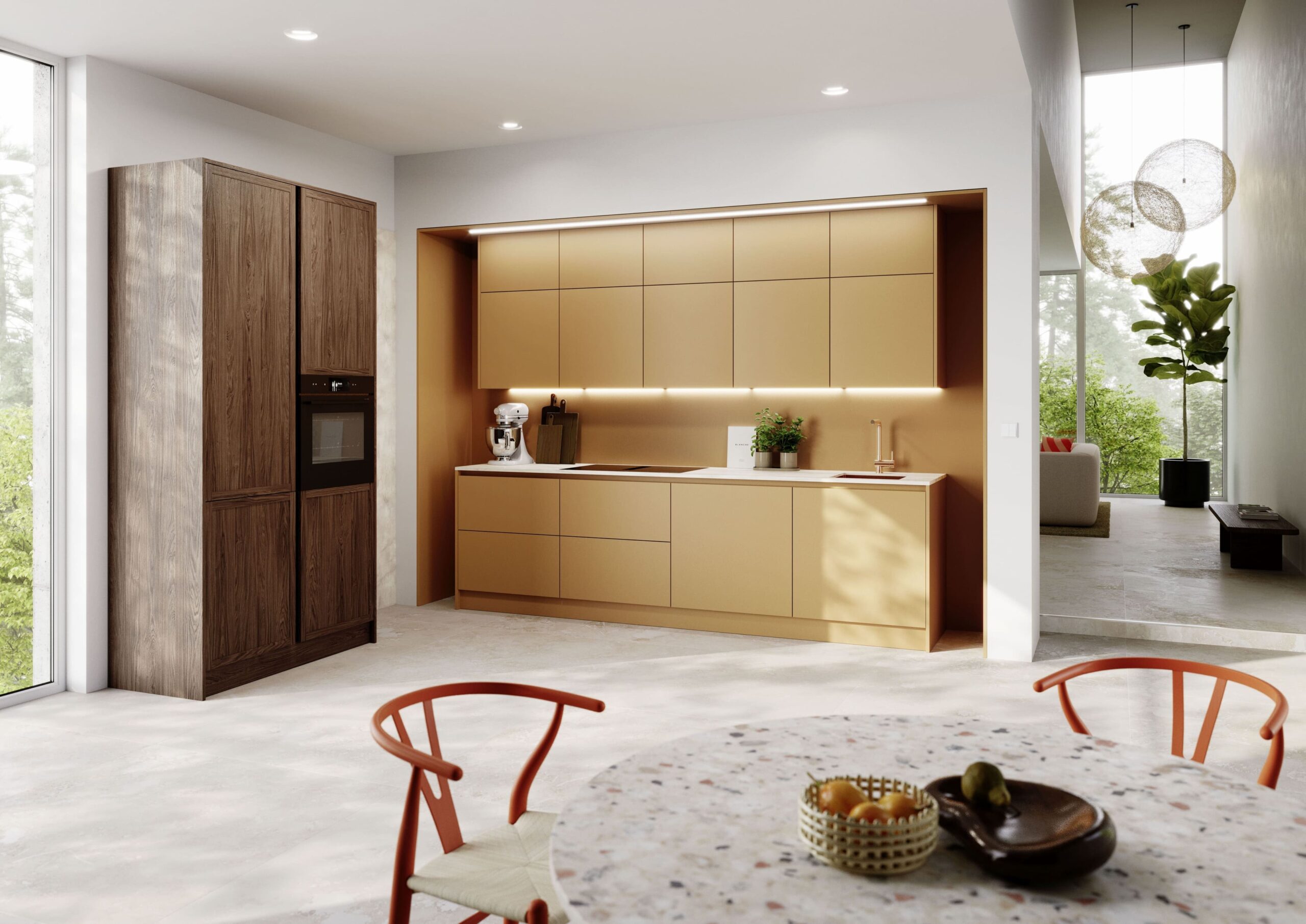 Modern German kitchen with handleless gold cabinets, wood tall units and under-cabinet lighting