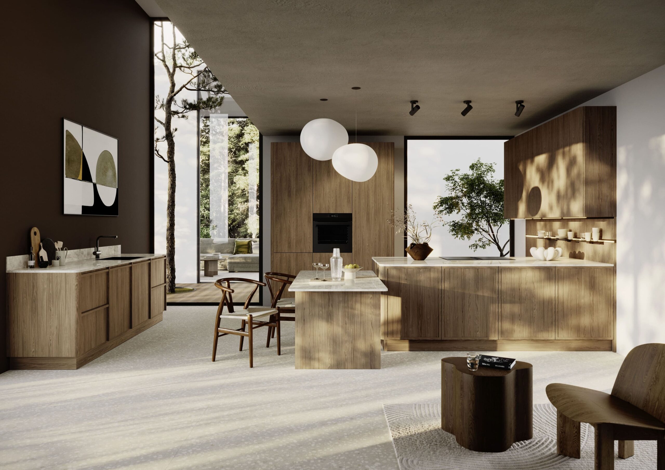 Spacious kitchen extension with oak island and full-height cabinetry designed by Zen Küchen